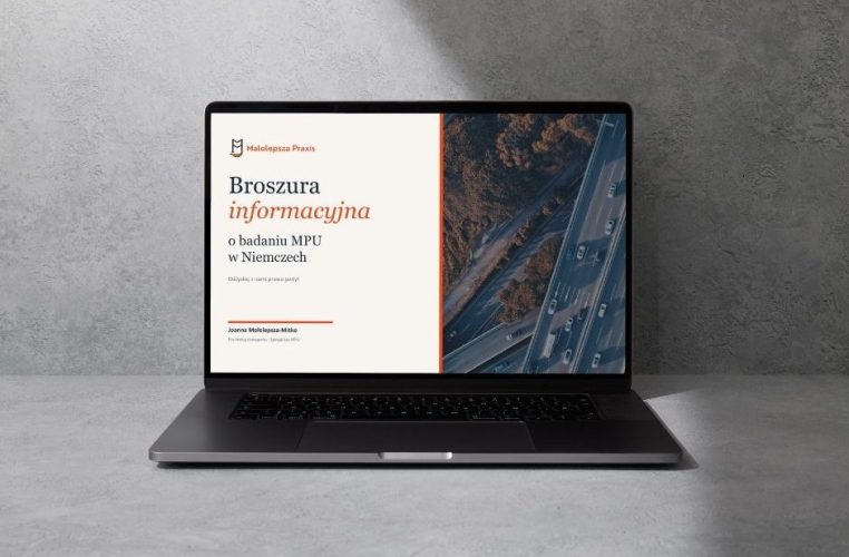 Mockup broszury informacyjnej o badaniu MPU w Niemczech autorstwa Joanny Małolepszy-Mitko — psychologa transportu z Małolepsza Praxis Berlin.